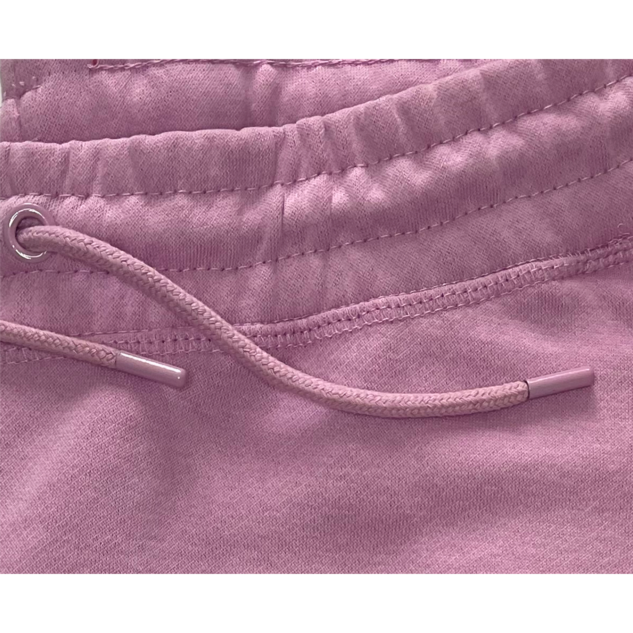 metal tips and eyelets for draw string on Lilac Hustle Shorts